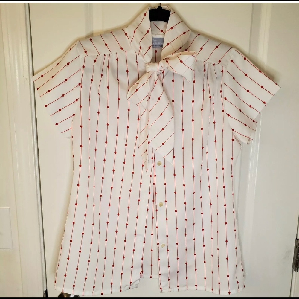 Vintage 70's/80's red dot striped white short sleeve blouse with bow neckline